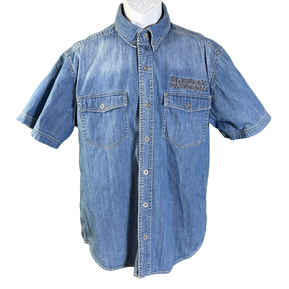 Harley Davidson Denim Shirt Mens Large Blue 110th Anniversary Embroidered Logo